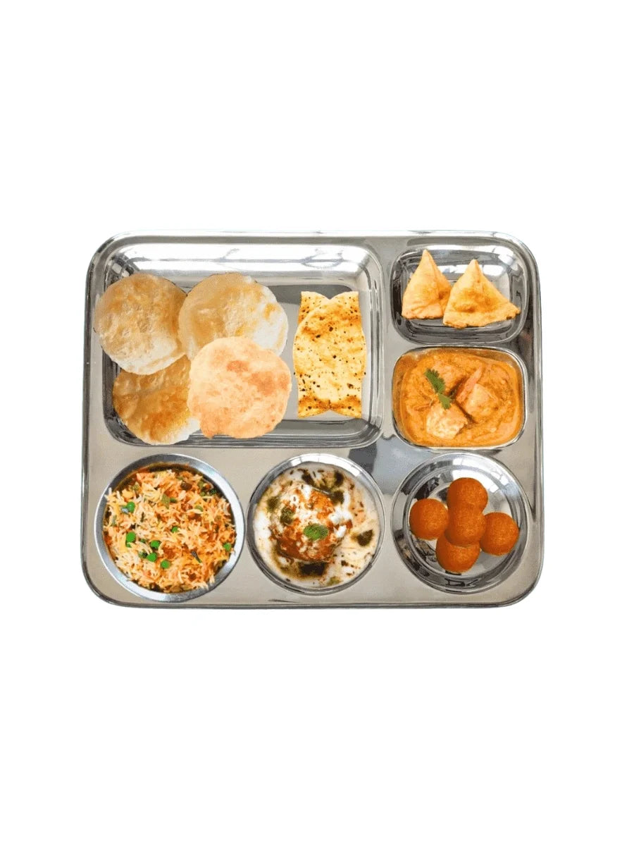 Rectangle Plate 6 in 1 Compartment Thali | 304 Stainless Steel Food Tray