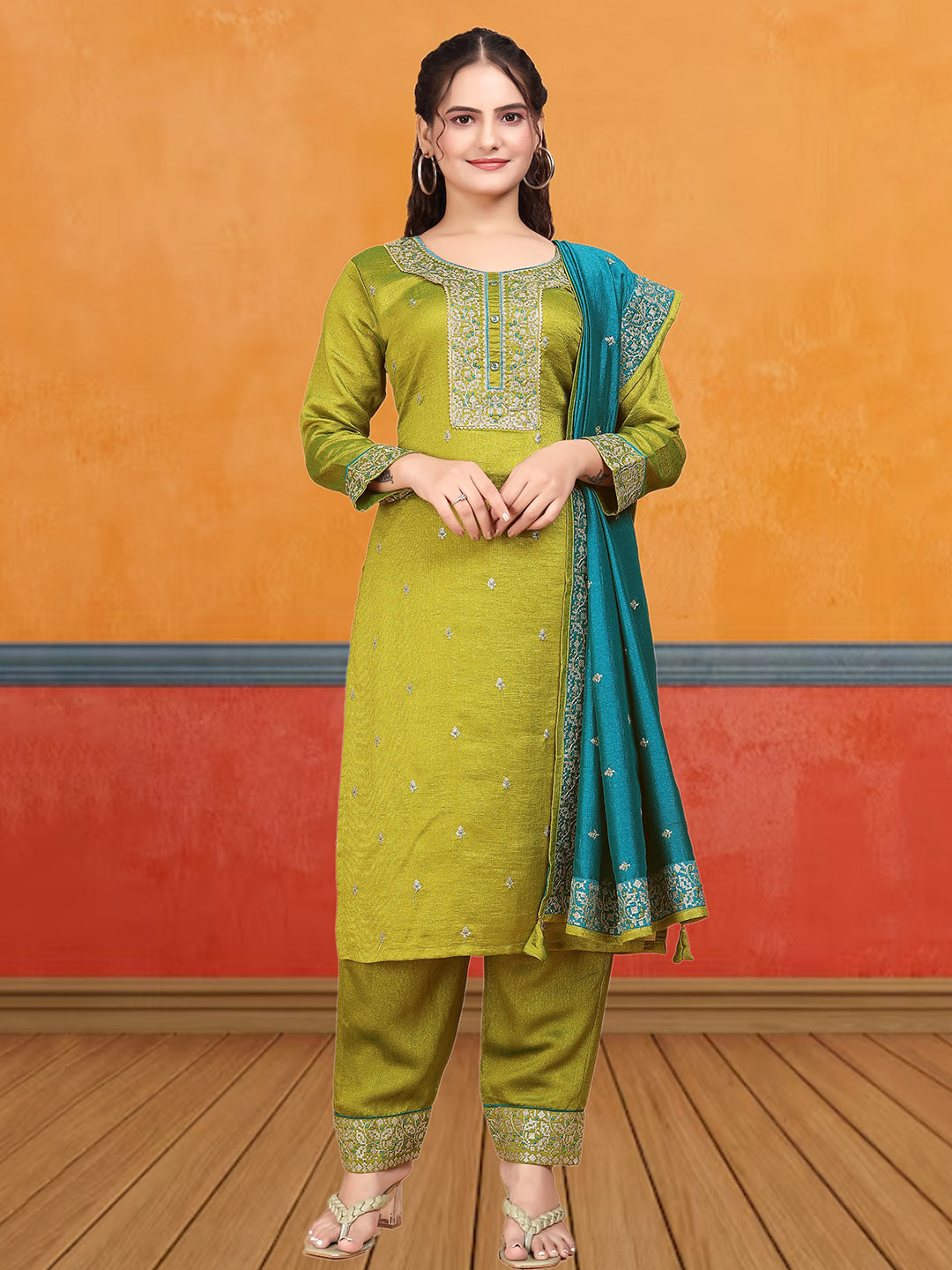 Mehendi Kurtis Set | Vichitra Silk Thread Embroidery