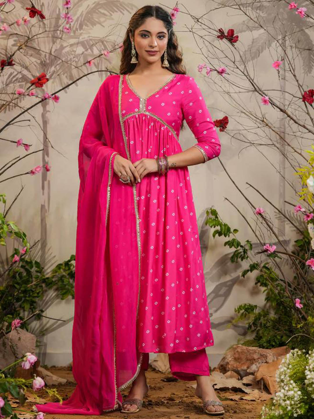 Muslin Silk Rani Pink Kurti Set | Printed & Embroidered with Organza Dupatta