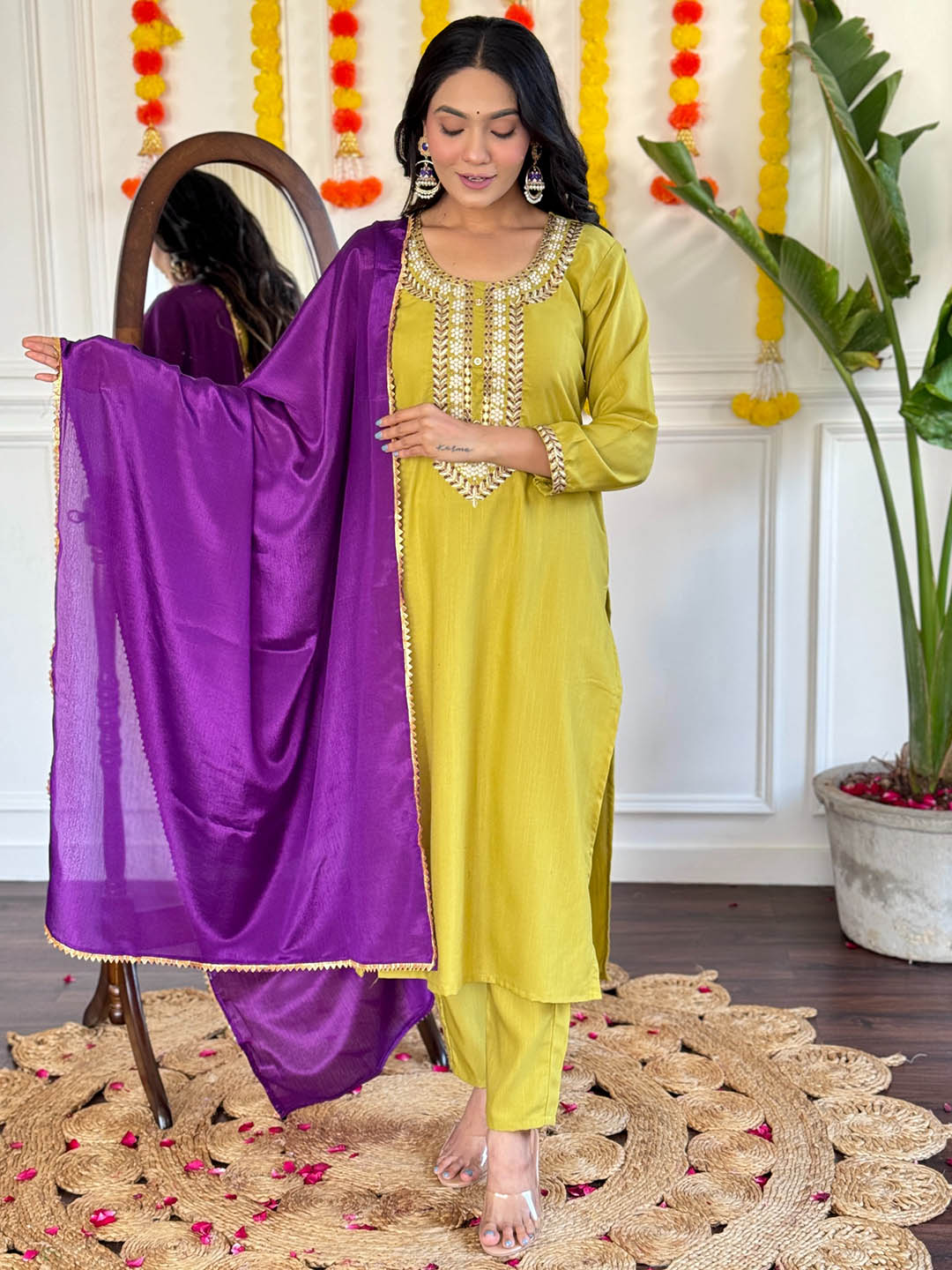 Rayon Slub Mustard & Chinnon Violet Kurti Set | Heavy Embroidery Work