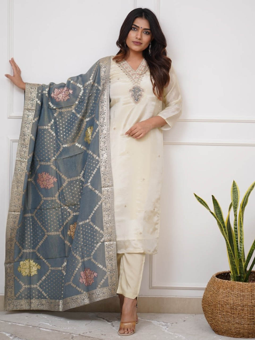 Elegant Viscose Chanderi Suit Set | Off White & Grey Embroidered Jacquard Dupatta