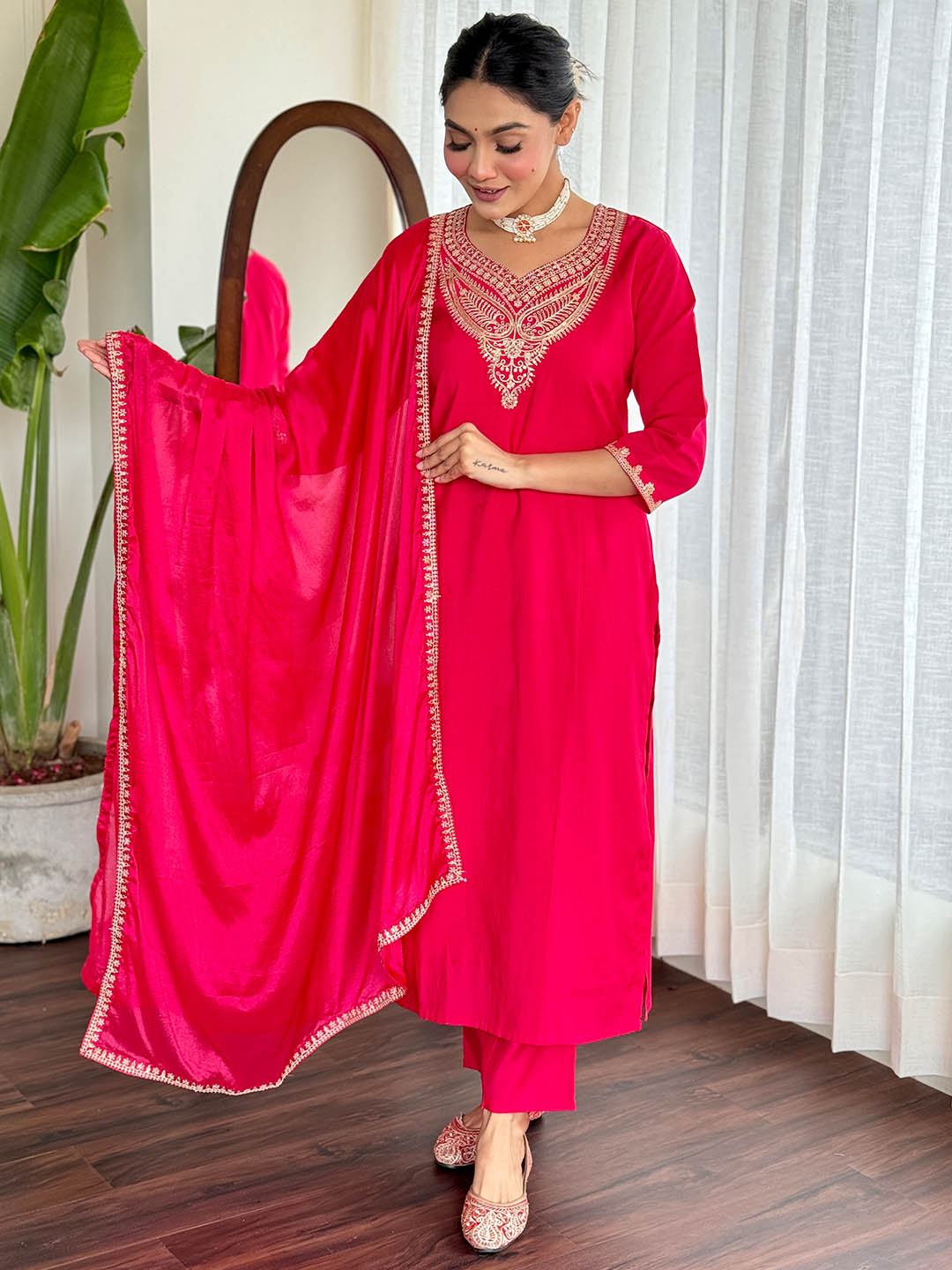 Indian Ethnic Kurti Set | Chanderi Viscose Rani Pink Kurta Suit
