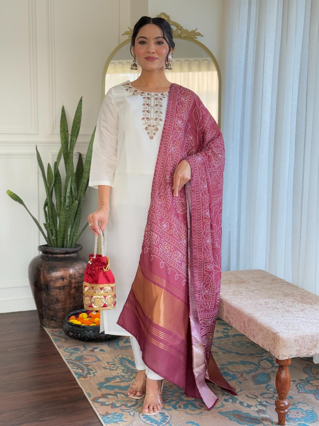 Elegant Roman Silk Kurti Set | Heavy Thread Embroidery White & Mauve Kurta Set