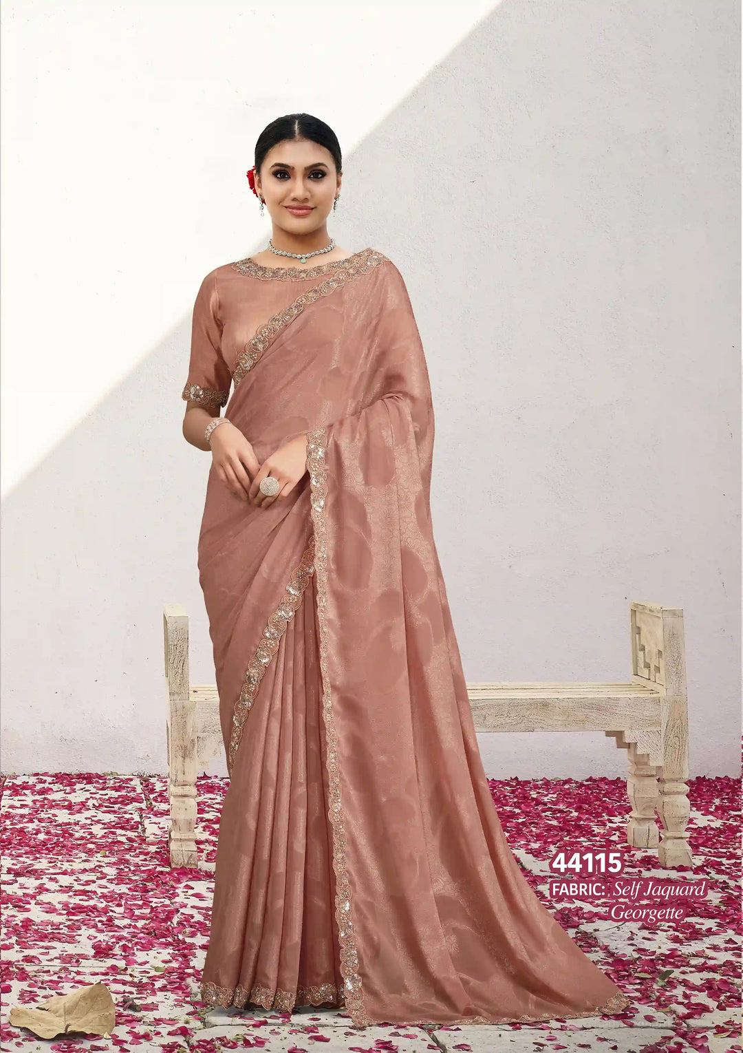 Chic Chiku Georgette Saree with Moti, Sequins & Thread Embroidery