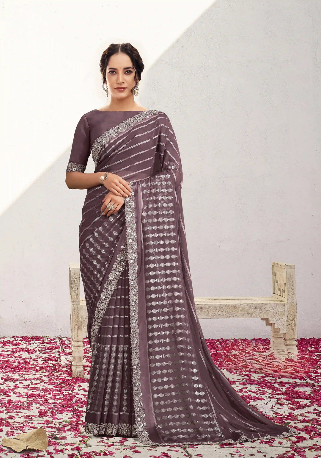 Glamorous Soft Wine Georgette Saree with Embroidered Work