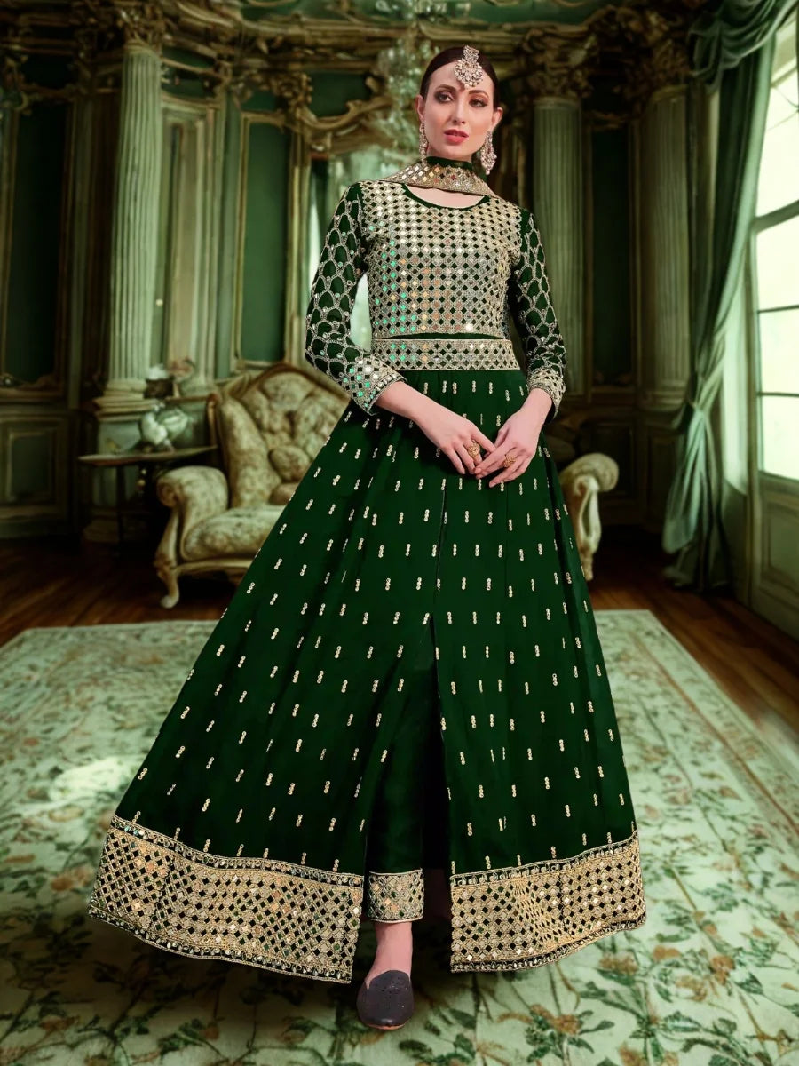 Green Georgette Anarkali Suit | Embroidered Stone Work with Dupatta