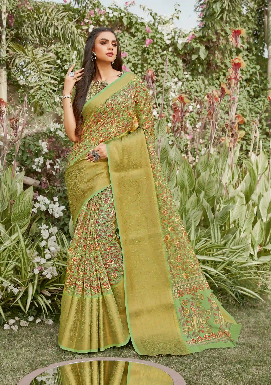 Digital-Printed Light Green Saree | Traditional Wedding & Party Saree
