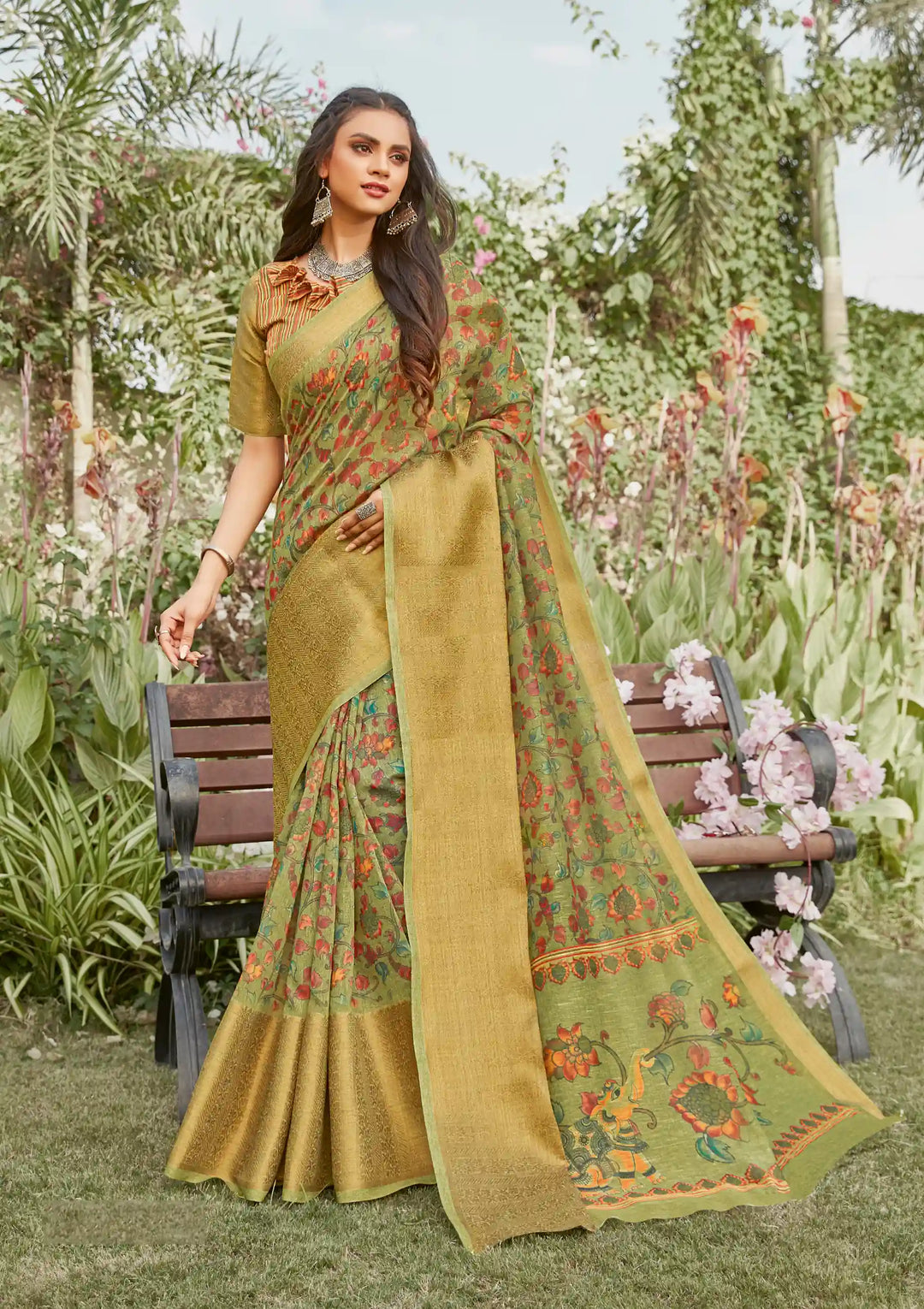 Mustard Green Linen Saree | Indian Saadi for Weddings & Parties