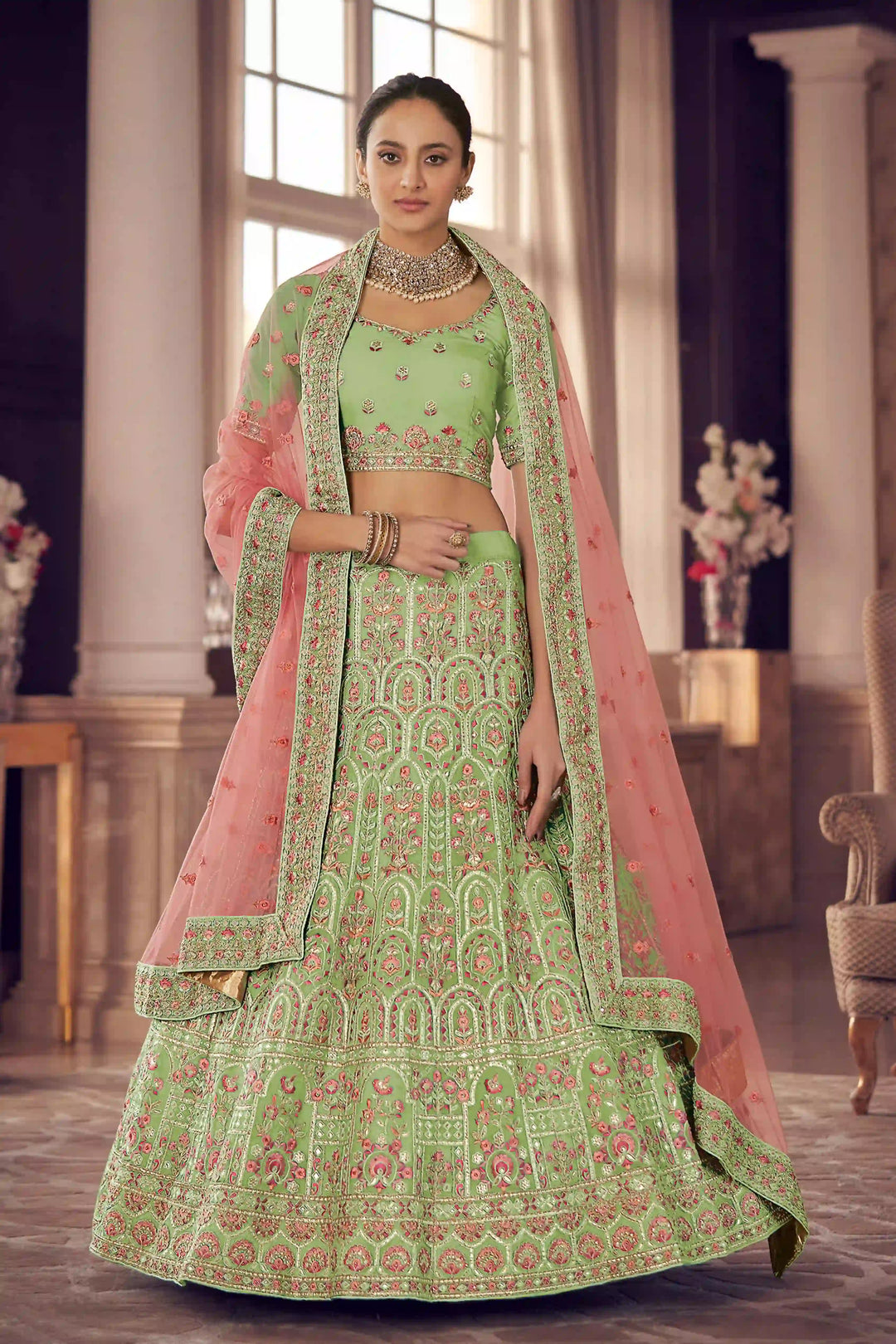 Pista Green Organza Heavy Lehenga Choli | Embroidered Bridal Wear Set