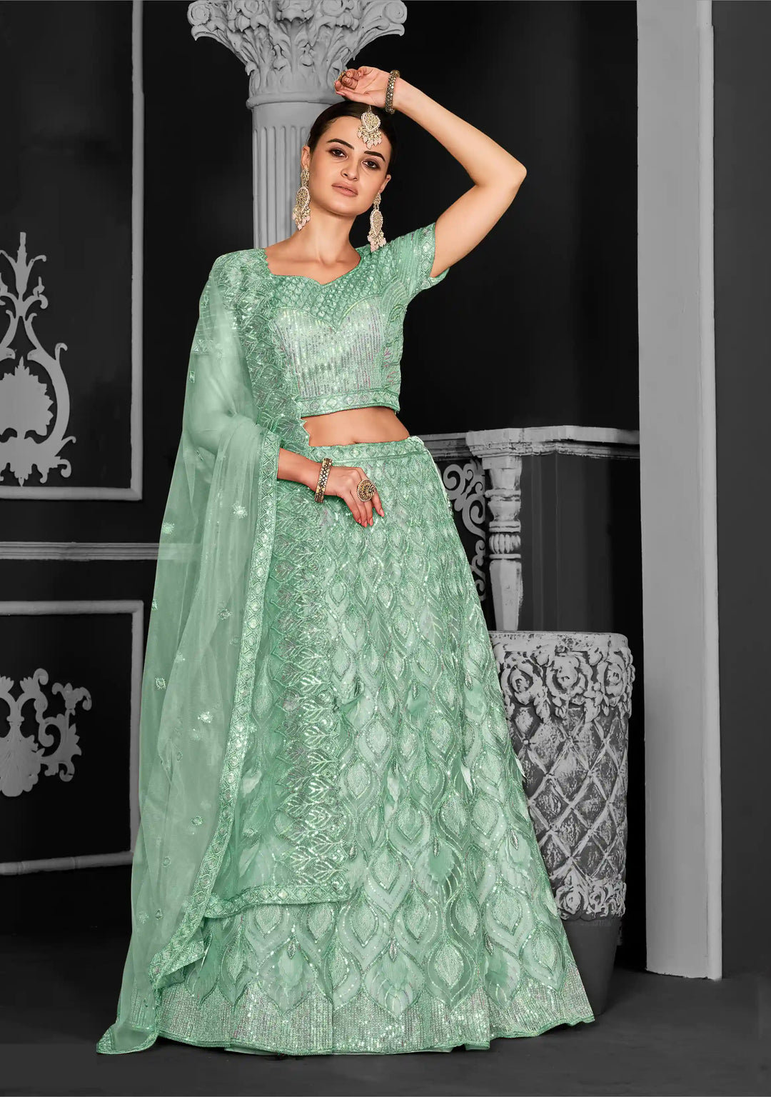 Sea Green Lehenga Choli | Floral Embroidery & Applique Work