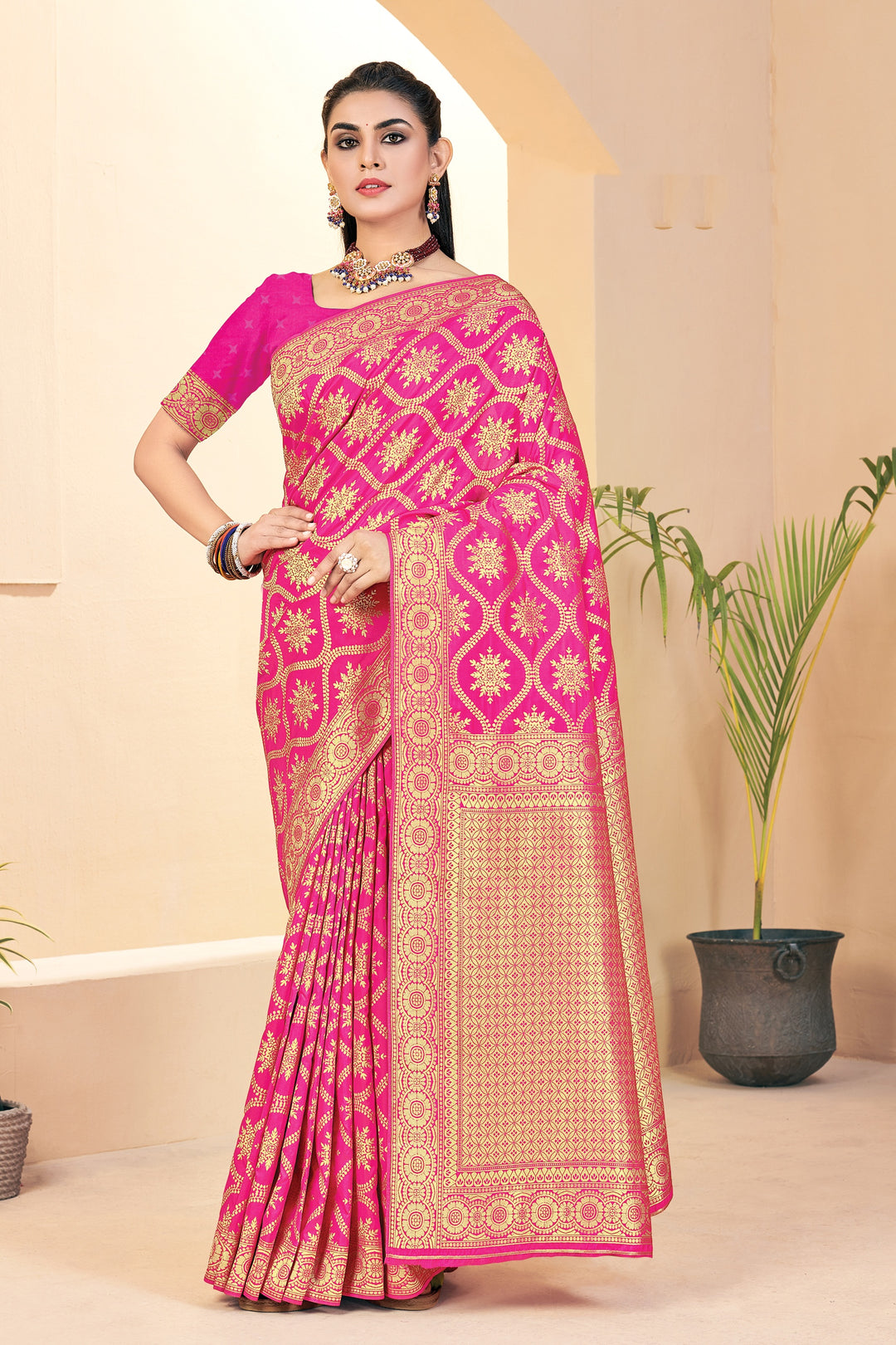 Buy Rose Pink Banarasi Silk Saree for Weddings & Festive Style