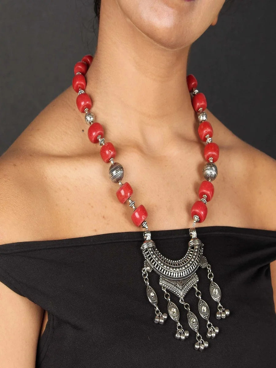 Oxidized Boho Necklace | Unique Red Pendant Statement Jewelry