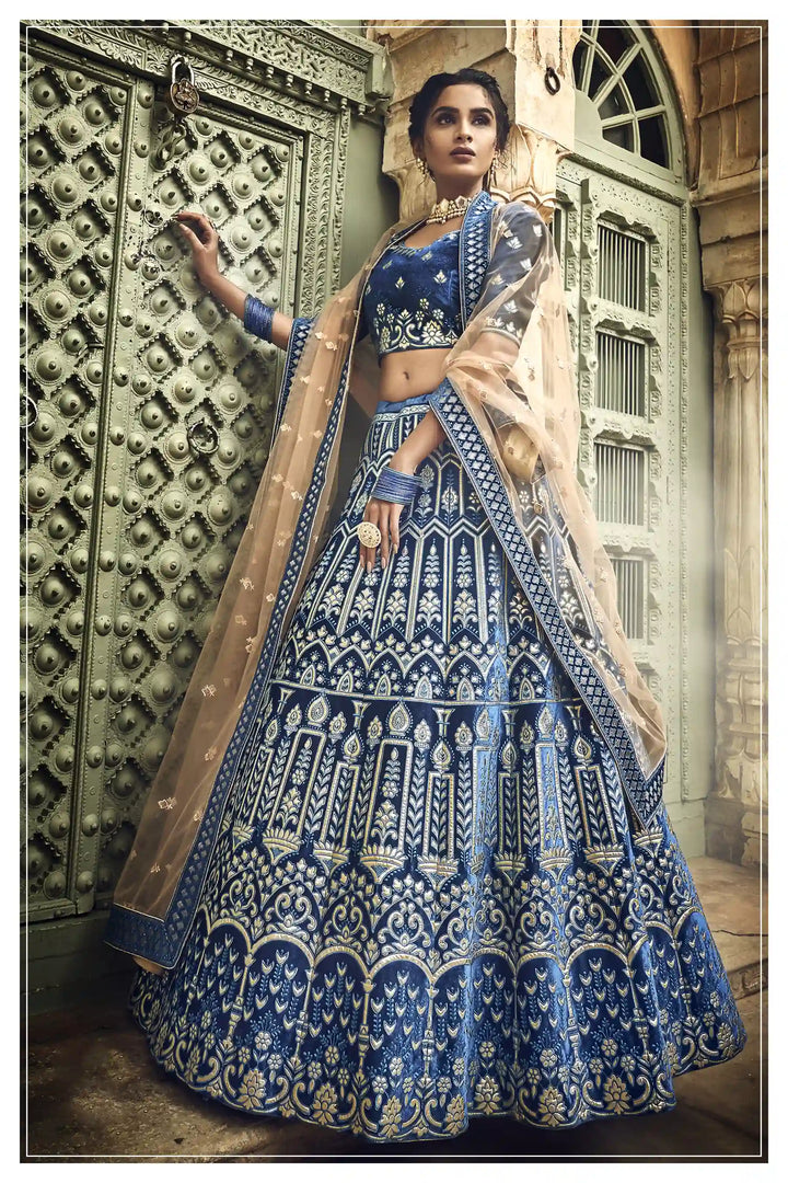Designer Blue Lehenga Choli for Women | Velvet Lehenga with Net Dupatta