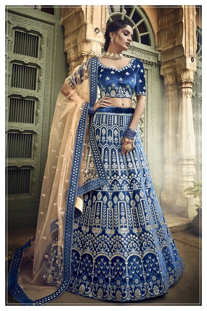 Designer Blue Lehenga Choli for Women | Velvet Lehenga with Net Dupatta
