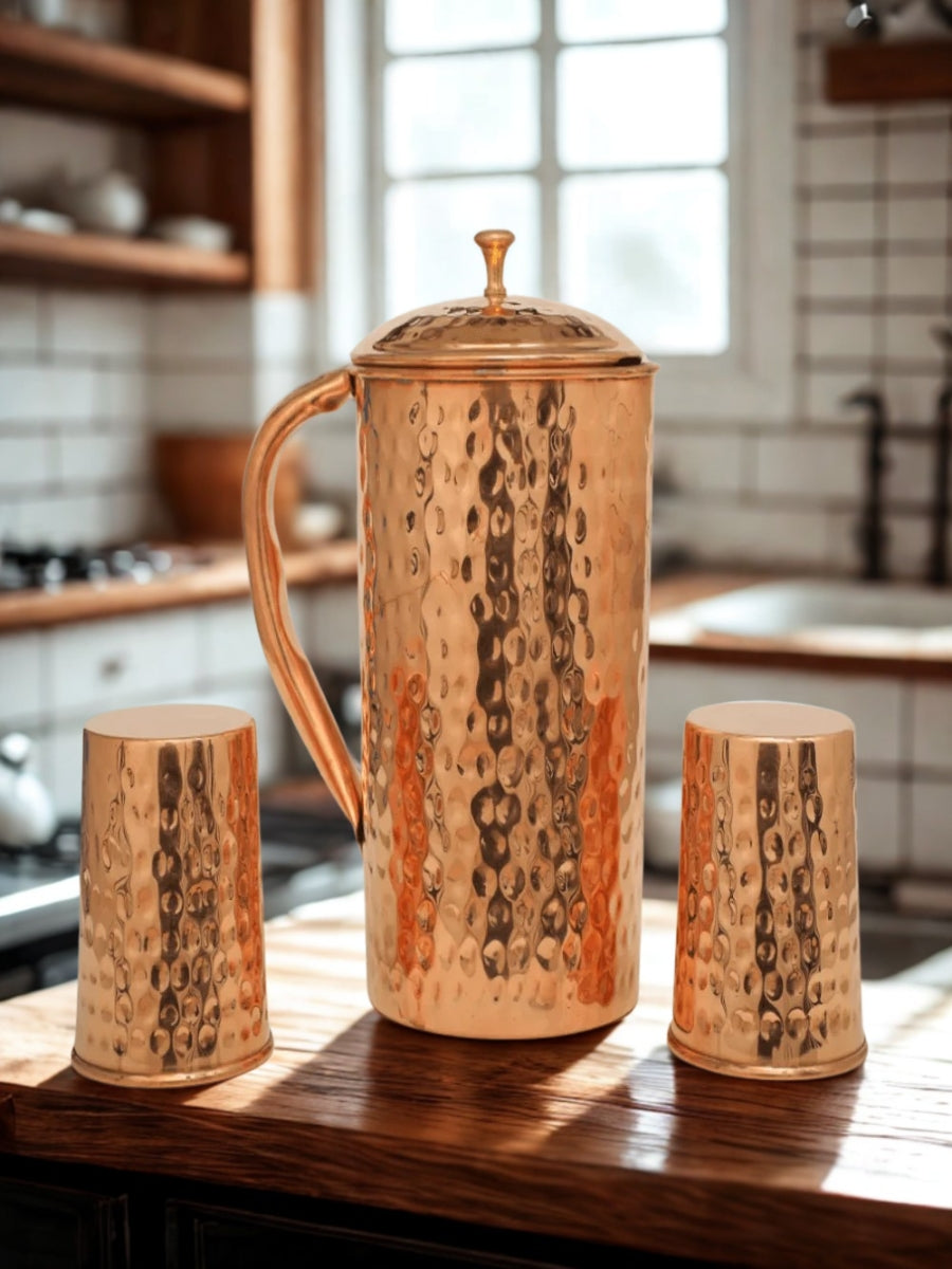 Hammered Copper Jar & 2 Glass Set | Ayurvedic Health Benefits