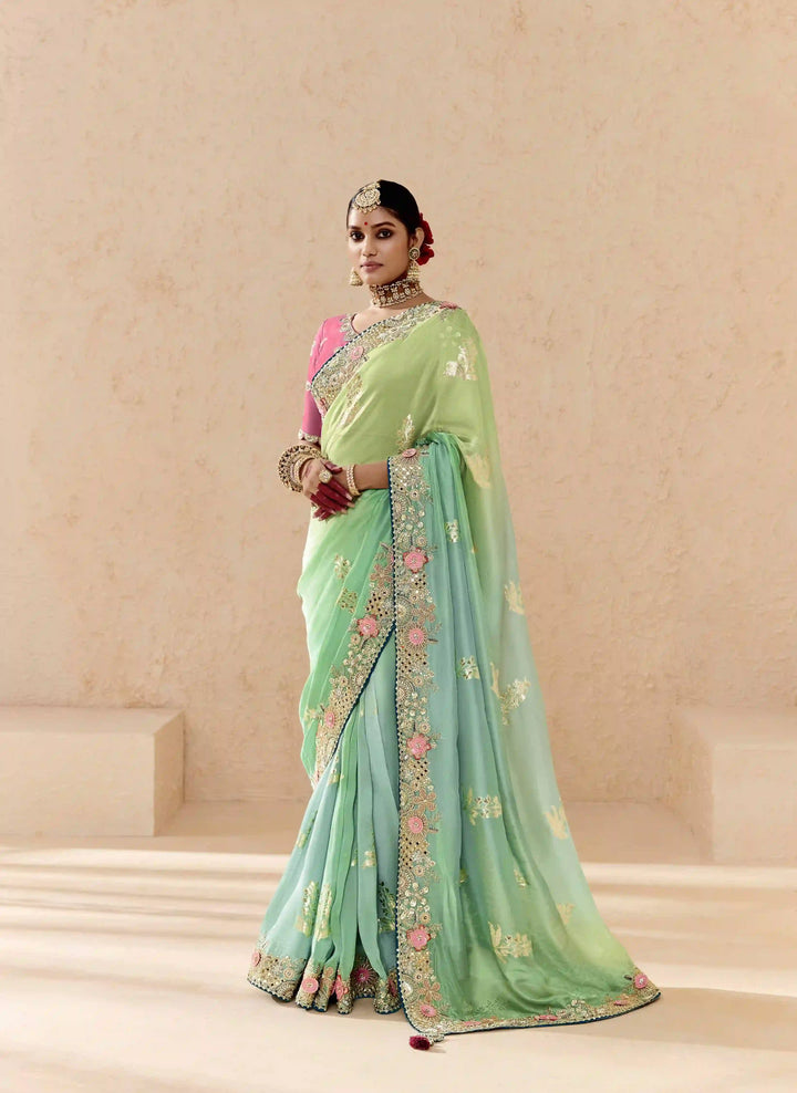 Beautiful Sea Green Saree with Fancy Blouse and Embellishments