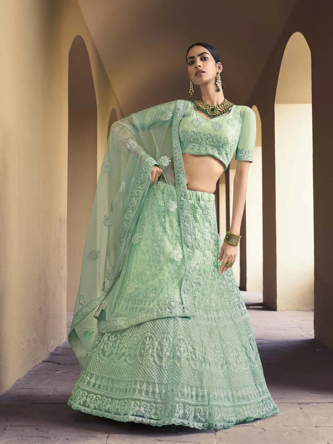 Soft Net Lehenga with Sequins and Dori Work | Semi-Stitched Pista Green Lehenga