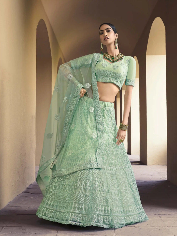 Soft Net Lehenga with Sequins and Dori Work | Semi-Stitched Pista Green Lehenga