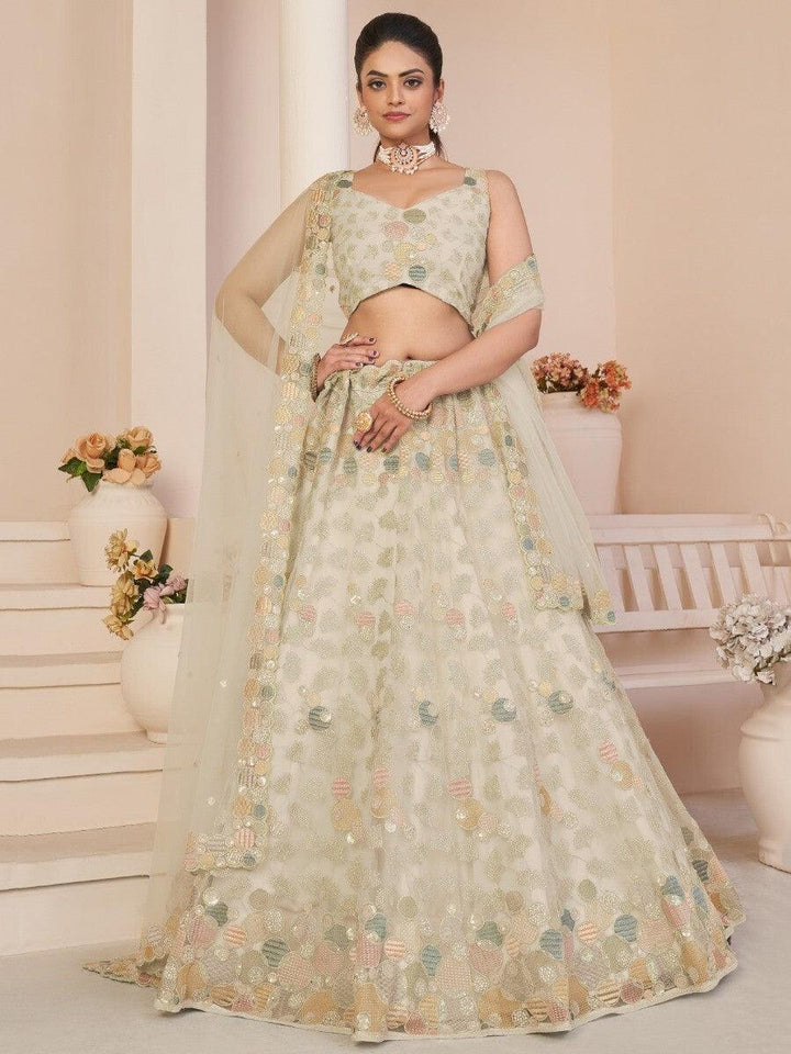 Elegant Beige Net Lehenga Choli with Sequins | Sangeet & Weddings