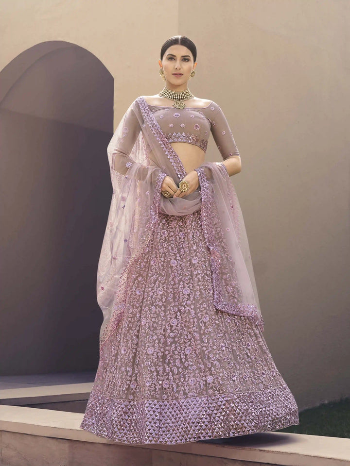 Soft Net Lehenga with Sequins and Thread Work | Semi-Stitched Lilac Lehenga