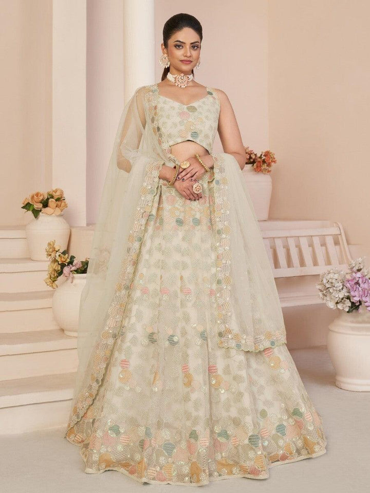 Elegant Beige Net Lehenga Choli with Sequins | Sangeet & Weddings