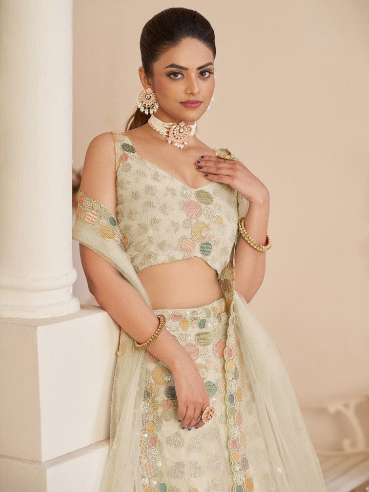 Elegant Beige Net Lehenga Choli with Sequins | Sangeet & Weddings