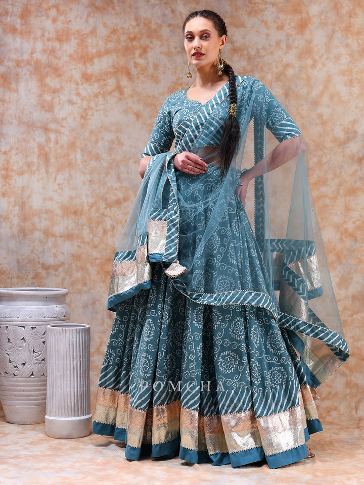 Stylish Powder Light Blue Lehenga Set | Cotton Blouse & Net Dupatta