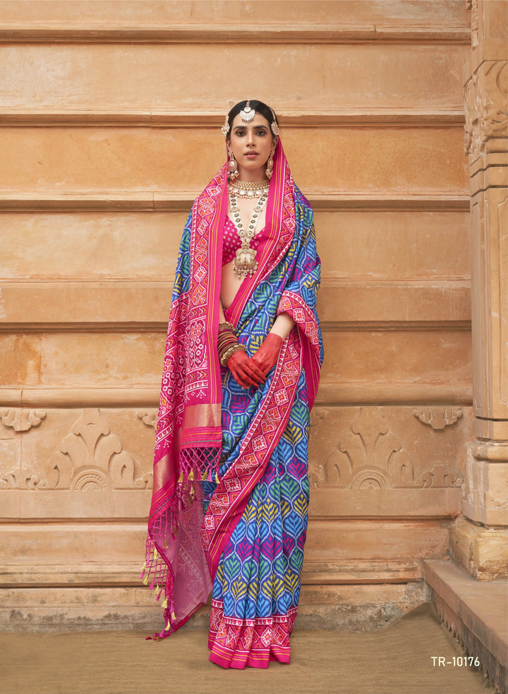 Alluring Blue Silk Saree with Matching Blouse & Printed Pallu