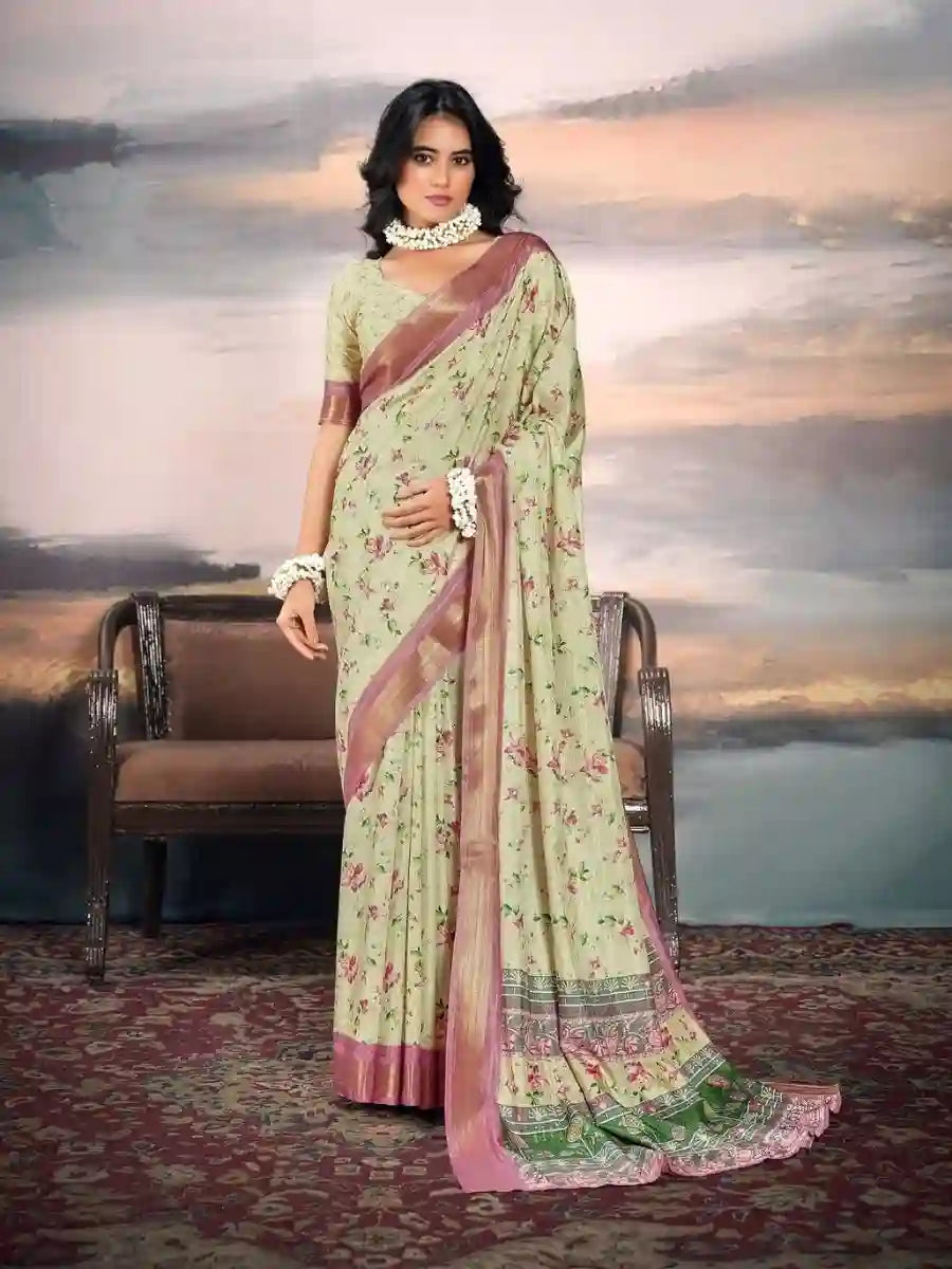 Beautiful Pista Green Cotton Silk Saree with Unique Zari & Digital Print