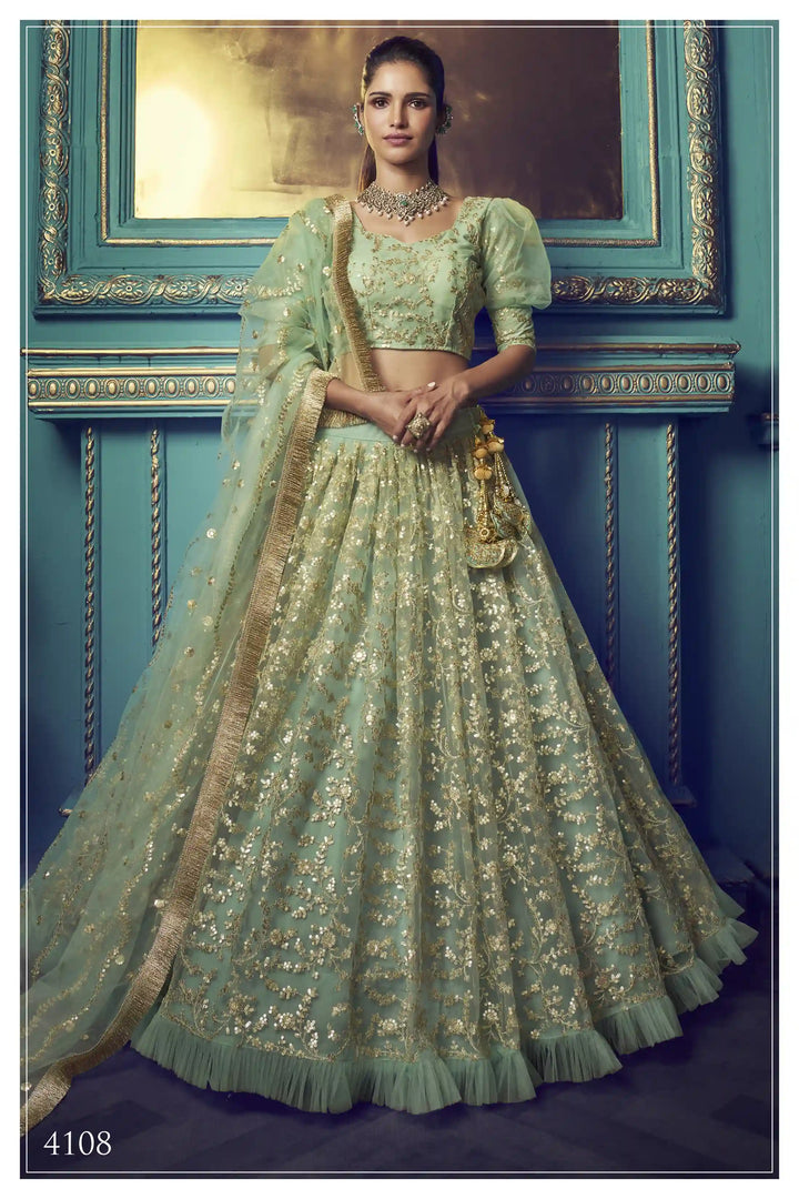 Green Lehenga with Sequin Work | Elegant Soft Net Lehenga for Women