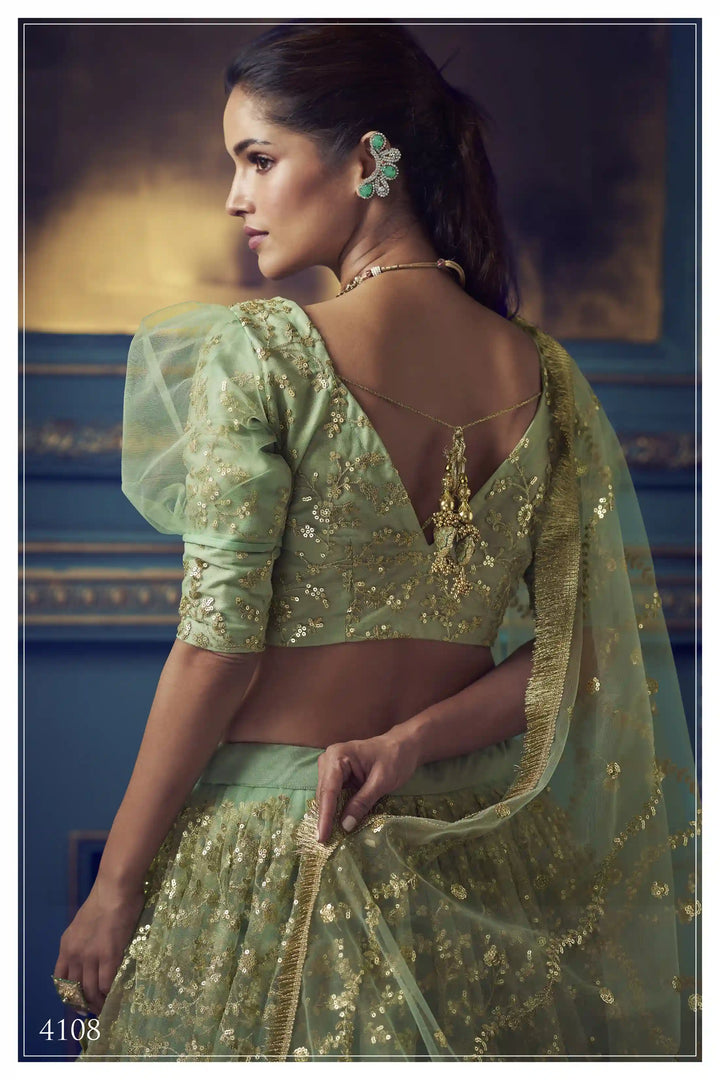 Green Lehenga with Sequin Work | Elegant Soft Net Lehenga for Women