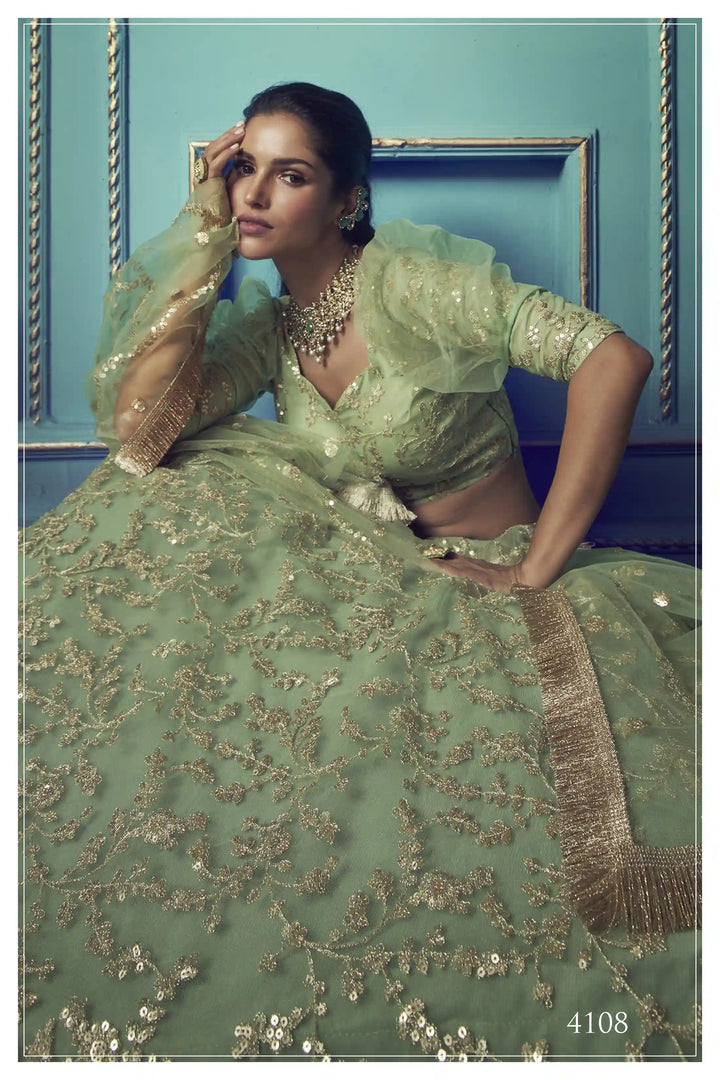 Green Lehenga with Sequin Work | Elegant Soft Net Lehenga for Women