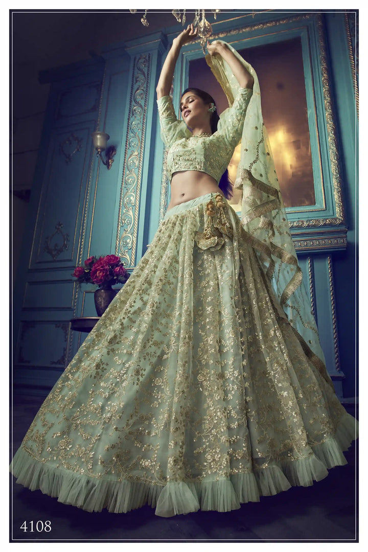 Green Lehenga with Sequin Work | Elegant Soft Net Lehenga for Women