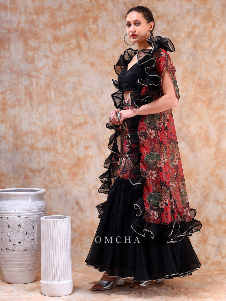 Stylish Black Muslin Lehenga | Dil Kash Organza & Chiffon Shrug fashionable Set