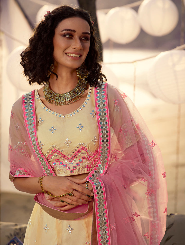 Yellow & Pink Embroidered Mirror Work Lehenga Choli | Semi-Stitched with Dupatta