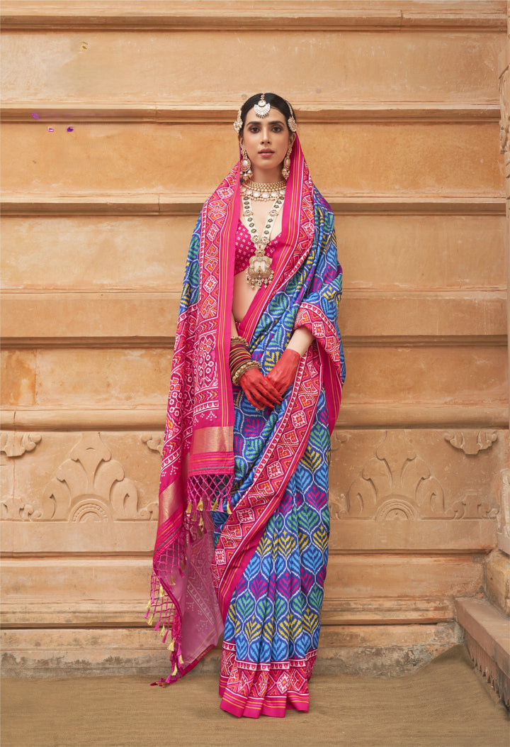 Alluring Blue Silk Saree with Matching Blouse & Printed Pallu