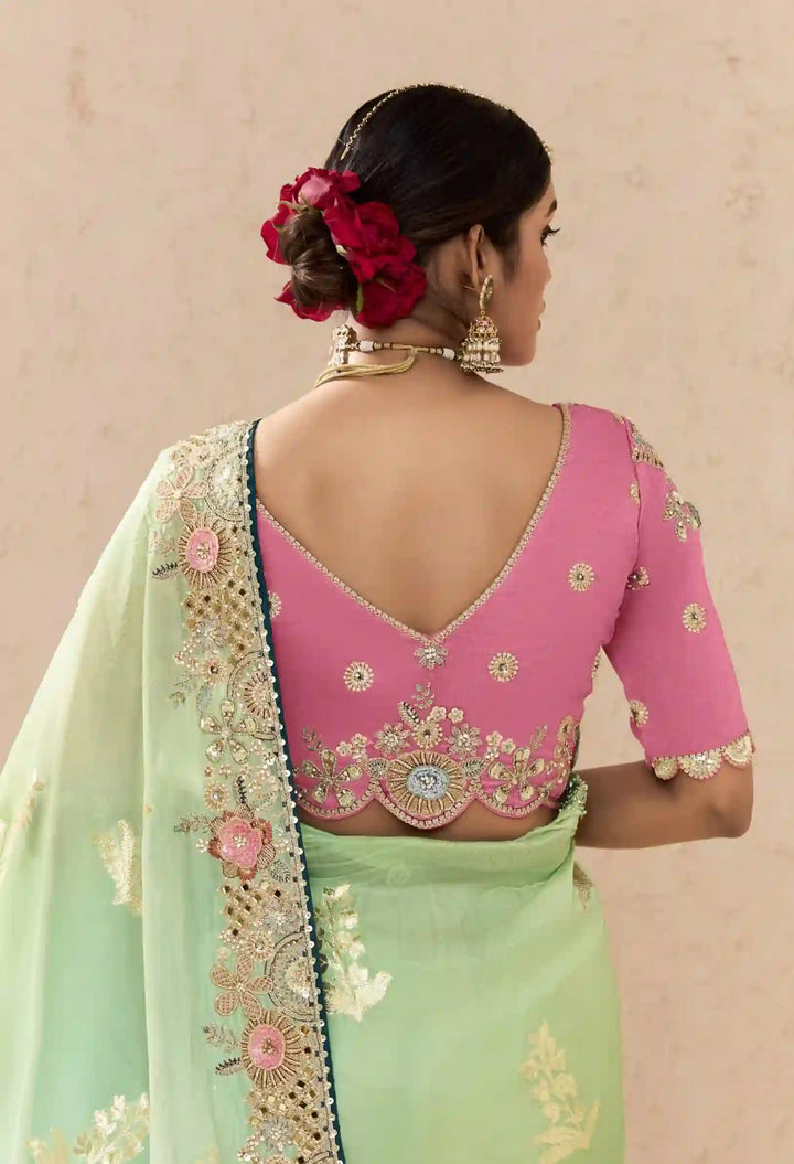 Beautiful Sea Green Saree with Fancy Blouse and Embellishments