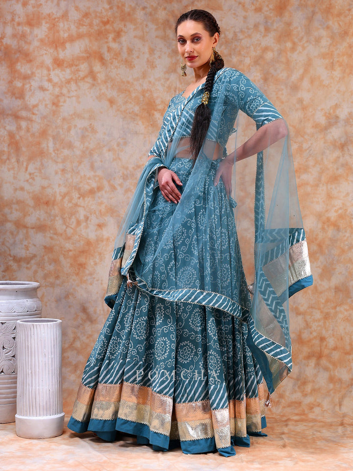 Stylish Powder Light Blue Lehenga Set | Cotton Blouse & Net Dupatta