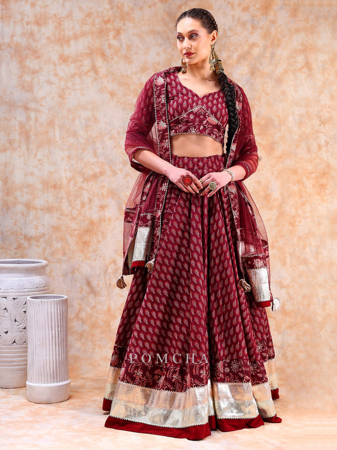 Radiate Royal Elegance | Dil Kash Maroon Lehenga with Lappa Work
