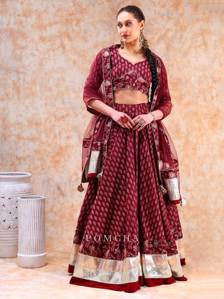 Radiate Royal Elegance | Dil Kash Maroon Lehenga with Lappa Work