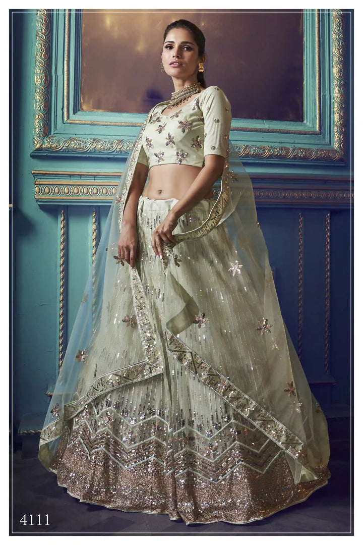 Elegant Green Lehenga | Intricate Sequin Design with Soft Net Fabric