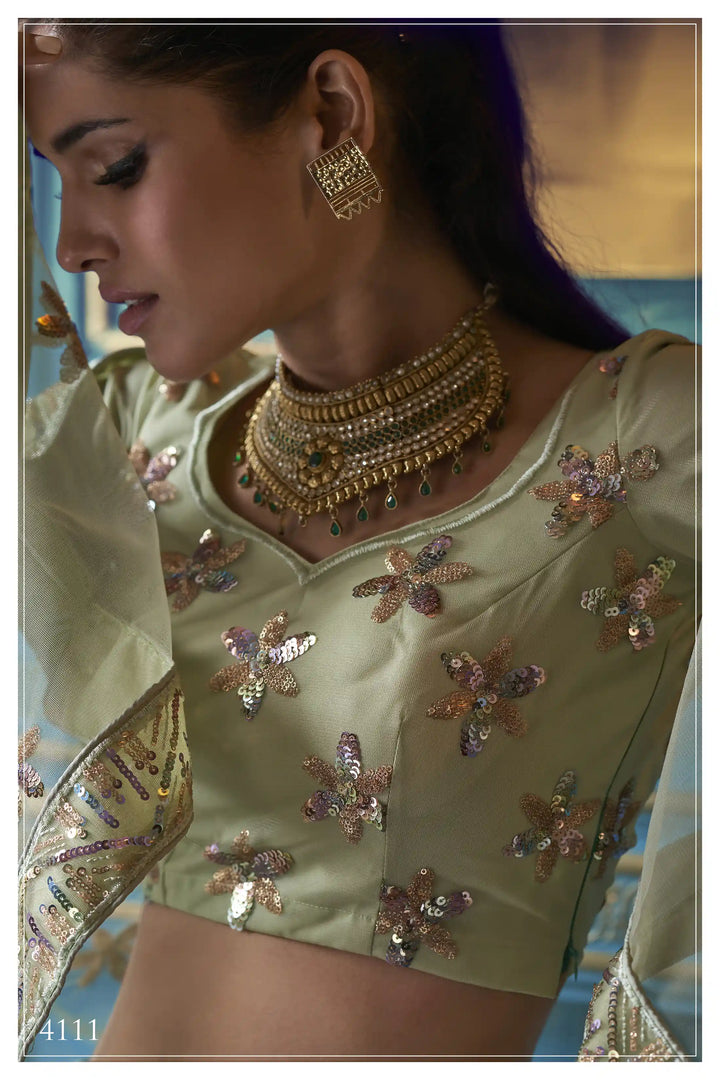 Elegant Green Lehenga | Intricate Sequin Design with Soft Net Fabric
