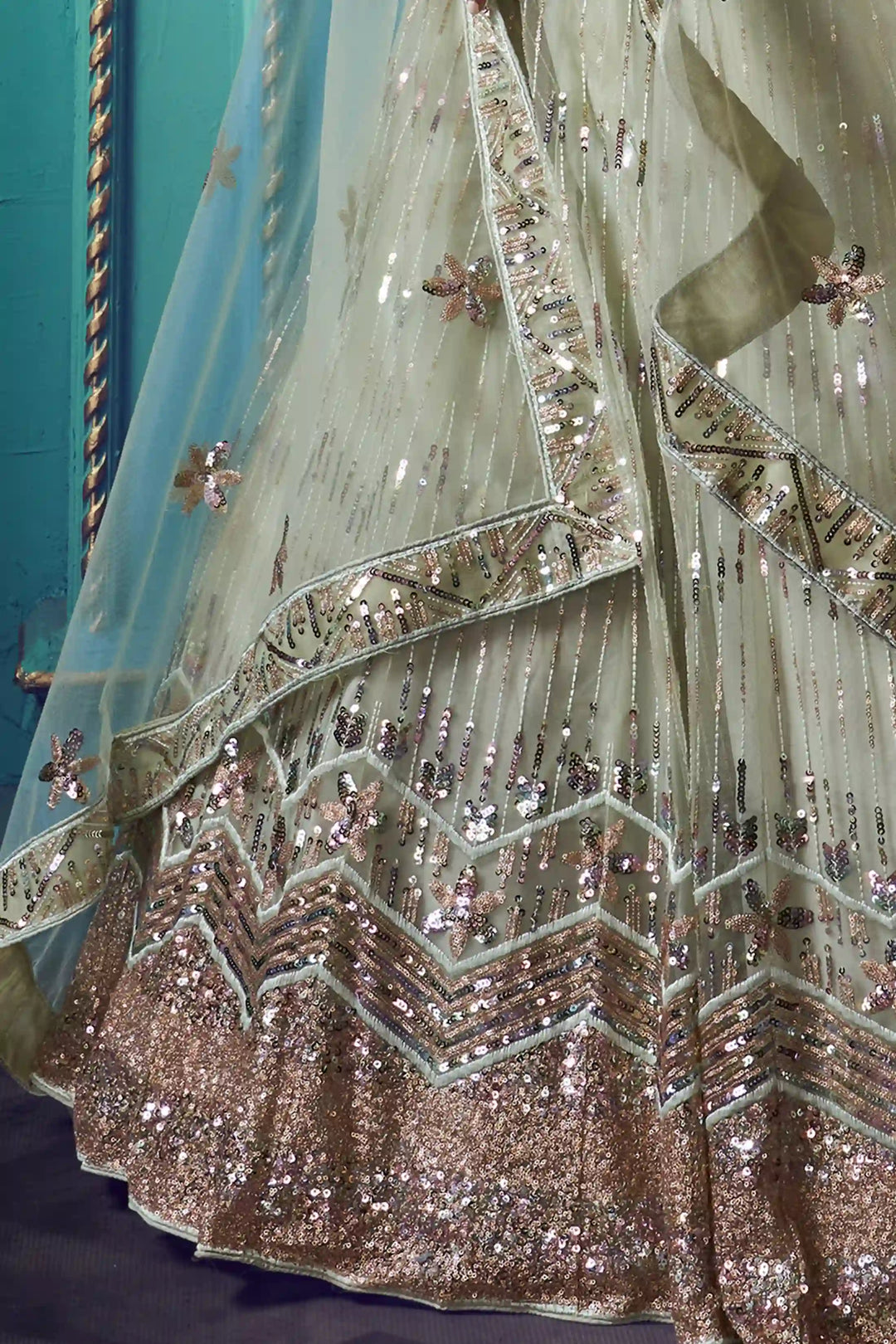 Elegant Green Lehenga | Intricate Sequin Design with Soft Net Fabric