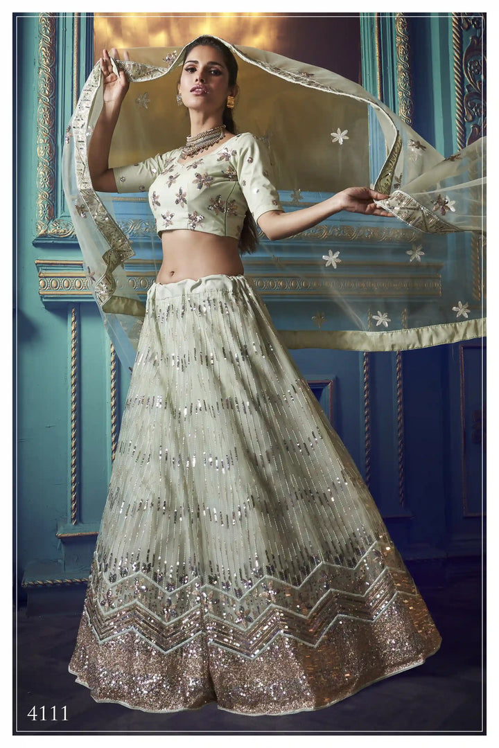 Elegant Green Lehenga | Intricate Sequin Design with Soft Net Fabric