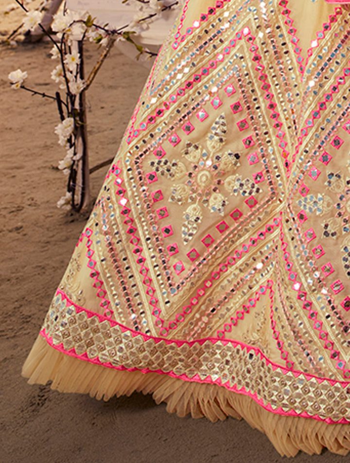 Yellow & Pink Embroidered Mirror Work Lehenga Choli | Semi-Stitched with Dupatta