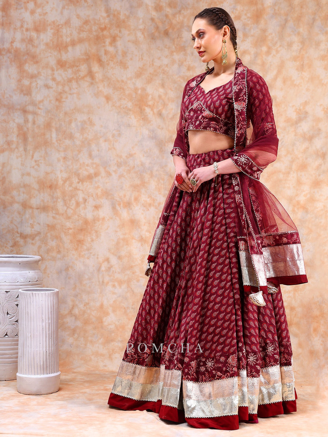 Radiate Royal Elegance | Dil Kash Maroon Lehenga with Lappa Work
