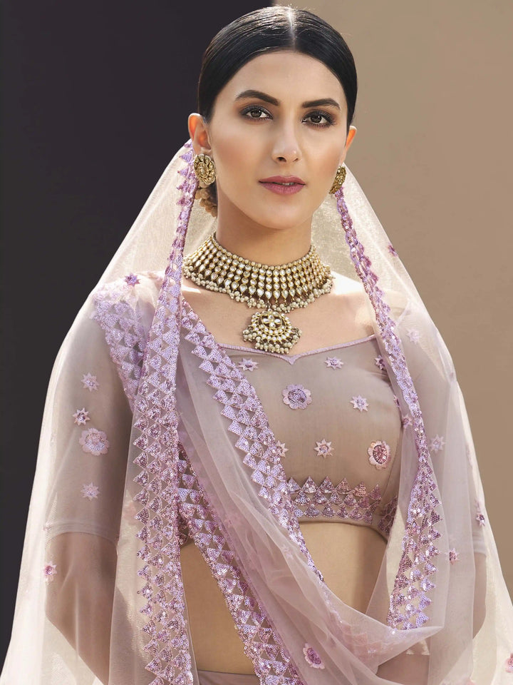 Soft Net Lehenga with Sequins and Thread Work | Semi-Stitched Lilac Lehenga