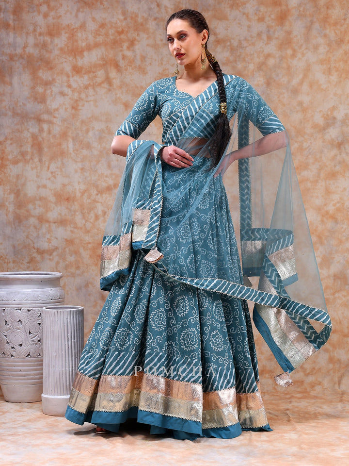 Stylish Powder Light Blue Lehenga Set | Cotton Blouse & Net Dupatta