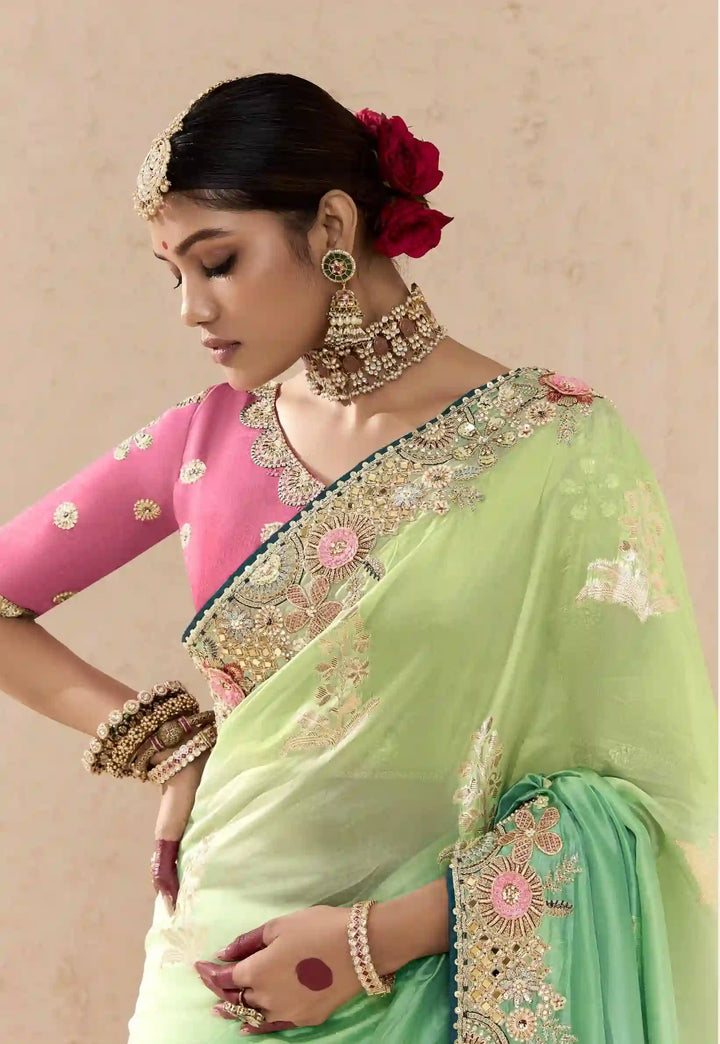 Beautiful Sea Green Saree with Fancy Blouse and Embellishments