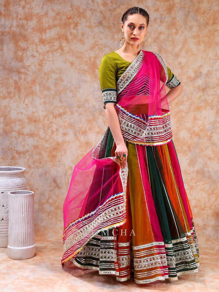 Vibrant Elegance Unveiled | Dil Kash Multicolor Organza Lehenga
